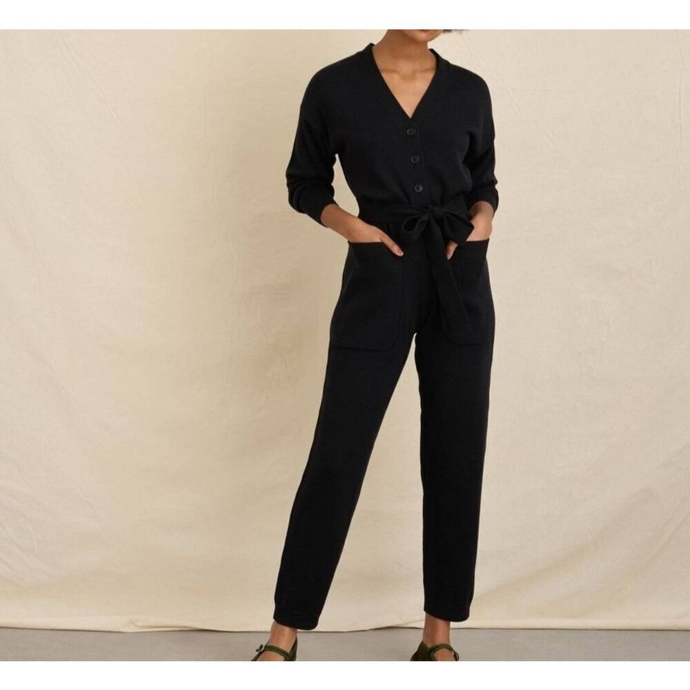 Alex Mill black sweater wool blend jumpsuit sz XS missing waist tie